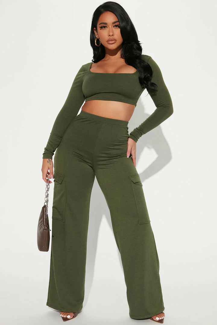 Fashion Nova Take A Break Cargo Pant Set - Olive Wide Leg Sets