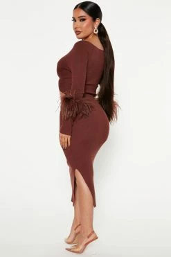 Fashion Nova Sweater Sets High Maintenance Feather Skirt Set - Brown