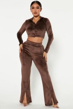 Fashion Nova Wide Leg Sets Real Vibes Velour Pant Set - Chocolate