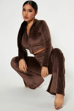 Fashion Nova Wide Leg Sets Real Vibes Velour Pant Set - Chocolate