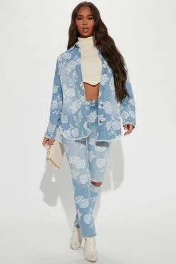 Fashion Nova Coming Up Roses Denim Shacket - Light Blue Wash Matching Separates