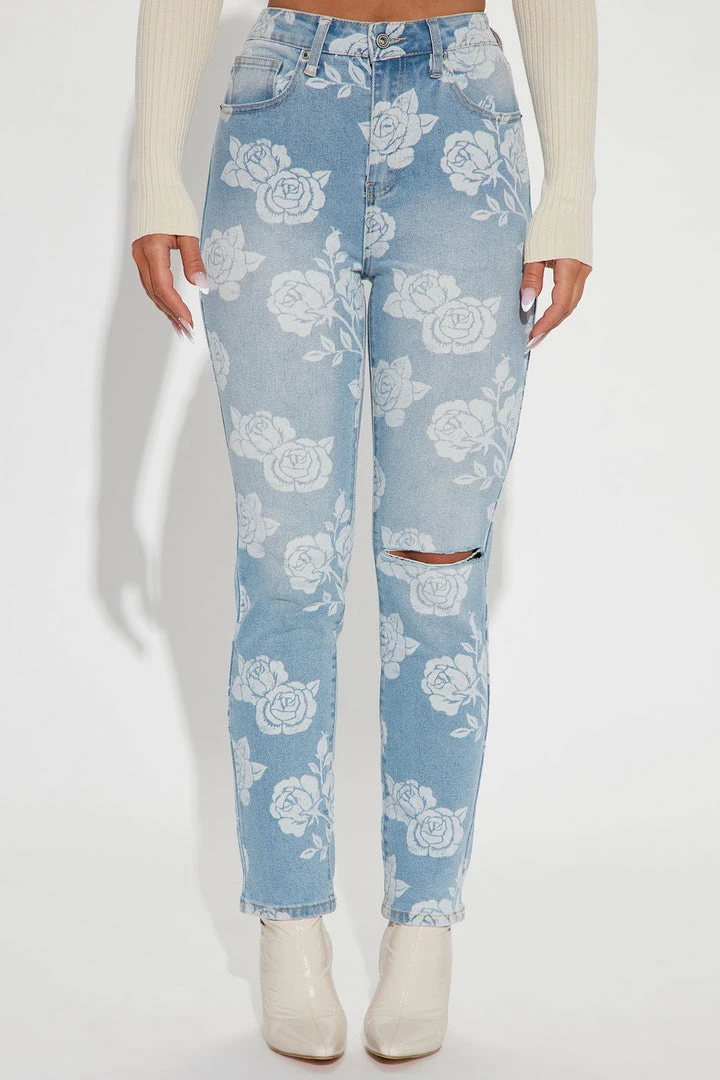 Fashion Nova Coming Up Roses Mom Jeans - Light Blue Wash