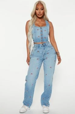 Fashion Nova Magic Mushroom Denim Corset Top - Medium Wash