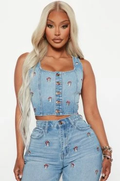 Fashion Nova Magic Mushroom Denim Corset Top - Medium Wash