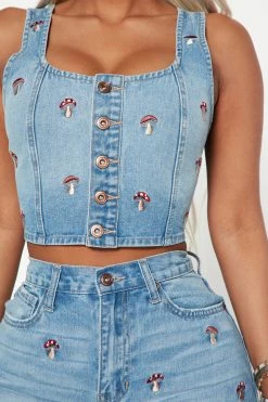 Fashion Nova Magic Mushroom Denim Corset Top - Medium Wash