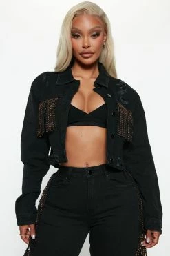 Fashion Nova Lost In Vegas Fringe Denim Jacket - Black Matching Separates