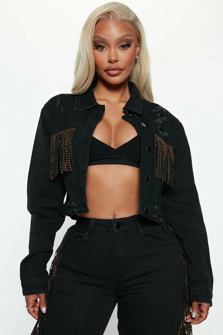 Fashion Nova Lost In Vegas Fringe Denim Jacket - Black Matching Separates