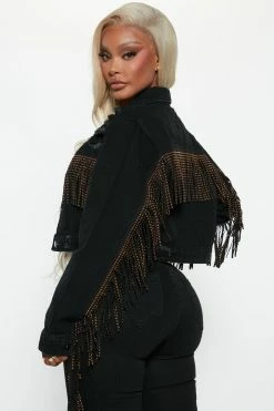 Fashion Nova Lost In Vegas Fringe Denim Jacket - Black Matching Separates