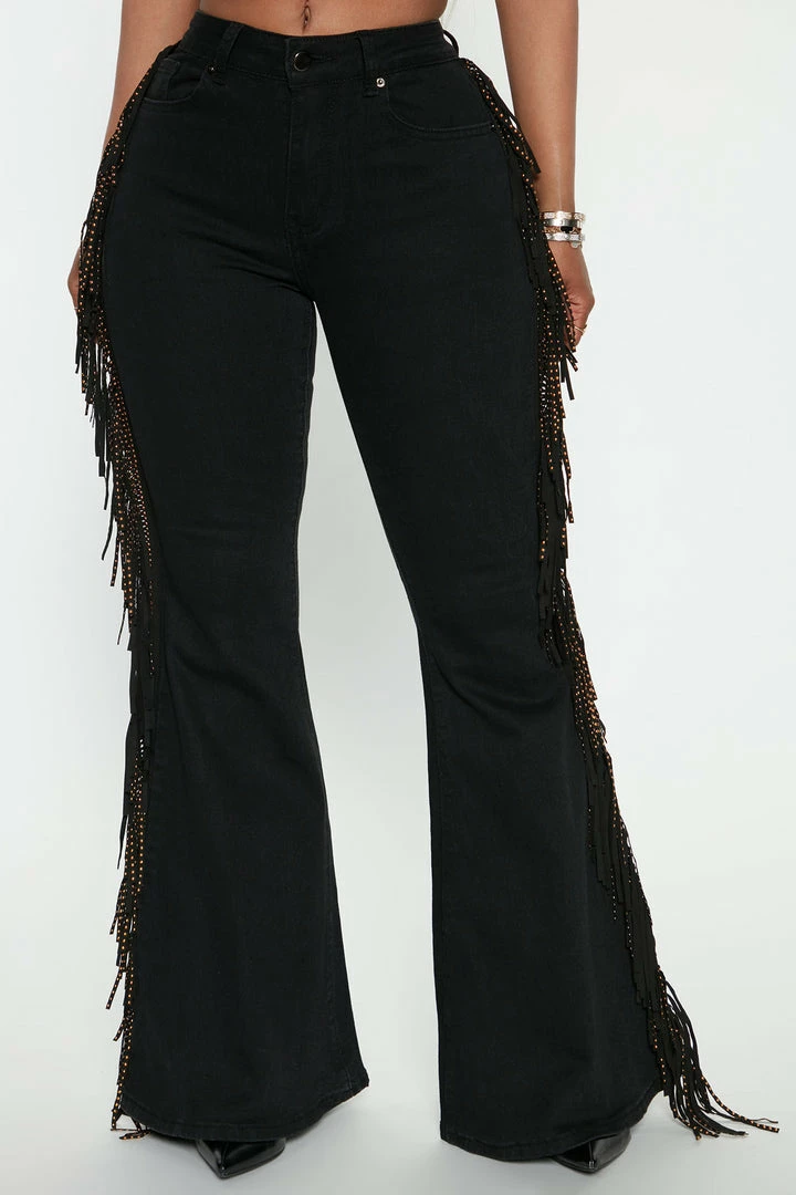 Fashion Nova Lost In Vegas Fringe Flare Jeans - Black