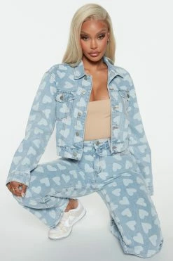 Fashion Nova Matching Separates Skip A Beat Heart Denim Trucker Jacket - Light Blue Wash