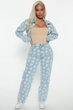 Fashion Nova Skip A Beat Heart High Rise Straight Leg Jeans - Light Blue Wash Matching Separates