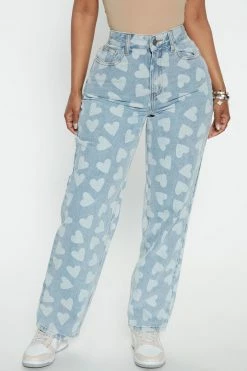Fashion Nova Skip A Beat Heart High Rise Straight Leg Jeans - Light Blue Wash Matching Separates