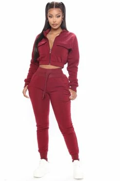 Fashion Nova Meet Me Outside Fleece Set - Burgundy