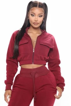 Fashion Nova Meet Me Outside Fleece Set - Burgundy