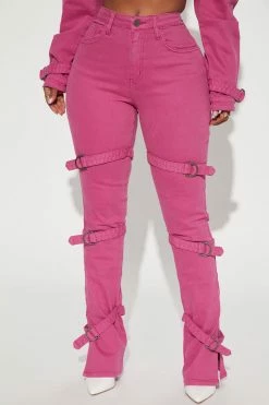 Fashion Nova Matching Separates Lovefool Strappy Split Hem Straight Leg Jeans - Magenta