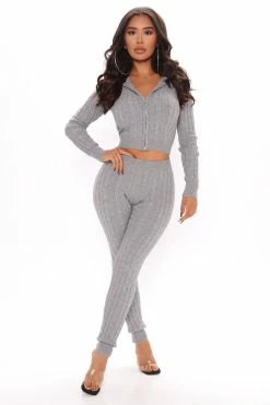 Fashion Nova Legging Sets Focused On Me Hooded Cable Knit Legging Set - Heather Grey