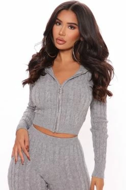 Fashion Nova Legging Sets Focused On Me Hooded Cable Knit Legging Set - Heather Grey