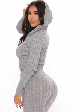 Fashion Nova Legging Sets Focused On Me Hooded Cable Knit Legging Set - Heather Grey