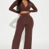 Fashion Nova Alexandrea Long Sleeve Pant Set - Brown Wide Leg Sets