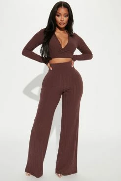 Fashion Nova Alexandrea Long Sleeve Pant Set - Brown Wide Leg Sets