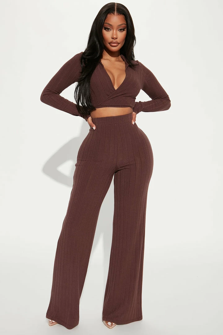Fashion Nova Alexandrea Long Sleeve Pant Set - Brown Wide Leg Sets