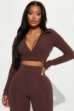 Fashion Nova Alexandrea Long Sleeve Pant Set - Brown Wide Leg Sets