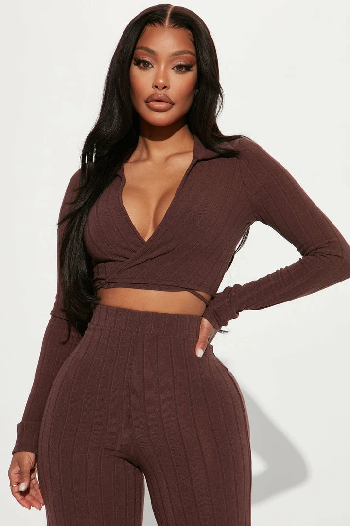 Fashion Nova Alexandrea Long Sleeve Pant Set - Brown Wide Leg Sets