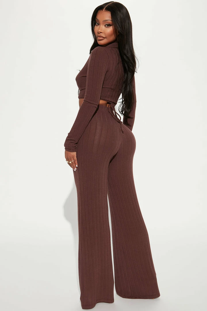 Fashion Nova Alexandrea Long Sleeve Pant Set - Brown Wide Leg Sets