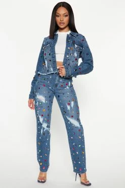 Fashion Nova Matching Separates Cult Of Personality Embellished Trucker Jacket - Medium Wash