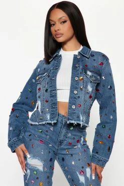 Fashion Nova Matching Separates Cult Of Personality Embellished Trucker Jacket - Medium Wash
