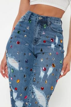 Fashion Nova Cult Of Personality Embellished Straight Leg Jeans - Medium Wash Matching Separates