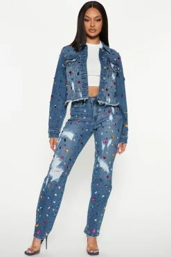 Fashion Nova Cult Of Personality Embellished Straight Leg Jeans - Medium Wash Matching Separates