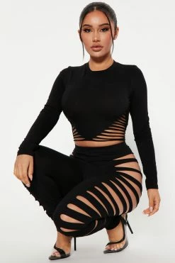 Fashion Nova Legging Sets Keep On Slashing Legging Set - Black