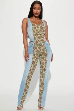 Fashion Nova Tapestry Mixed Denim Corset Top - Light Wash Matching Separates