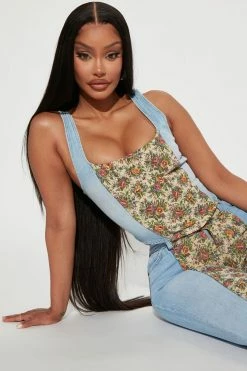 Fashion Nova Tapestry Mixed Denim Corset Top - Light Wash Matching Separates