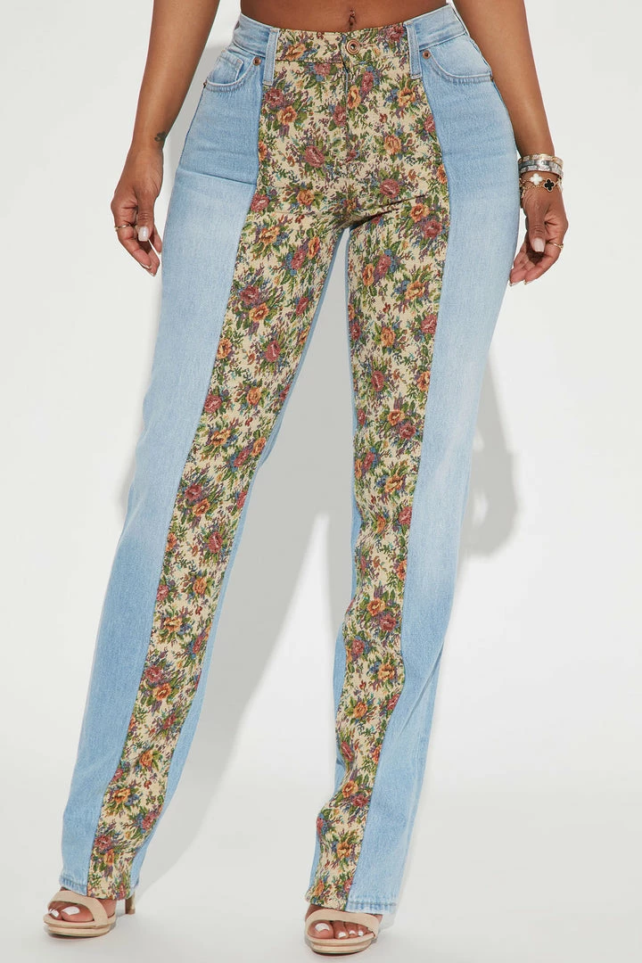 Fashion Nova Tapestry Mixed Mid Rise Straight Leg Jeans - Light Wash Matching Separates