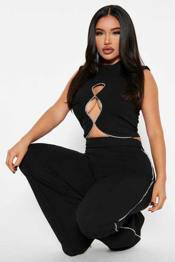 Fashion Nova Wide Leg Sets Evelyn Embellished Pant Set - Black