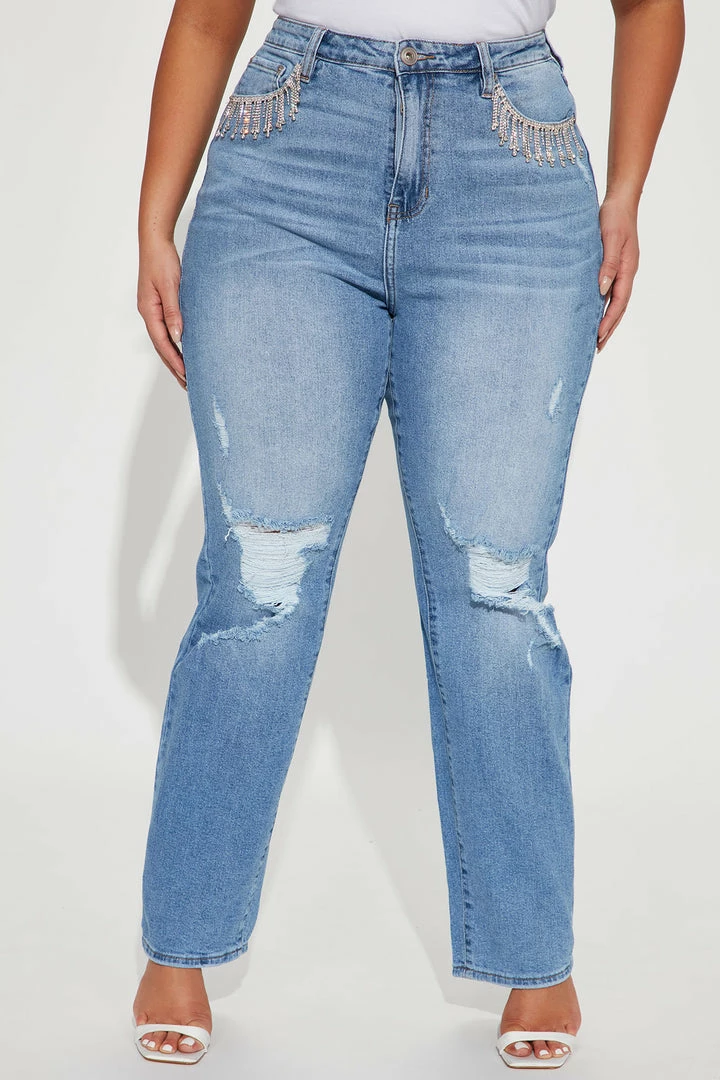 Fashion Nova Western Bling Straight Leg Jeans - Light Blue Wash Matching Separates