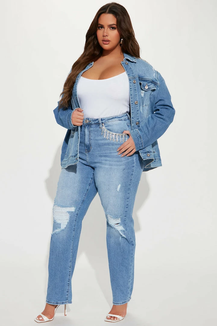 Fashion Nova Western Bling Straight Leg Jeans - Light Blue Wash Matching Separates