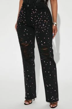 Fashion Nova Amethyst Glow Embellished Straight Leg Jeans - Black