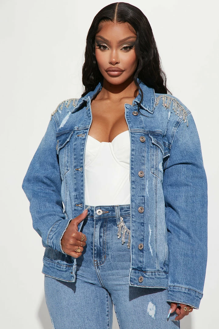Fashion Nova Western Bling Denim Jacket - Light Blue Wash Matching Separates
