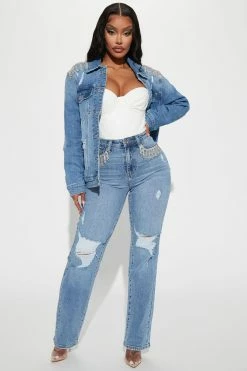 Fashion Nova Western Bling Straight Leg Jeans - Light Blue Wash Matching Separates