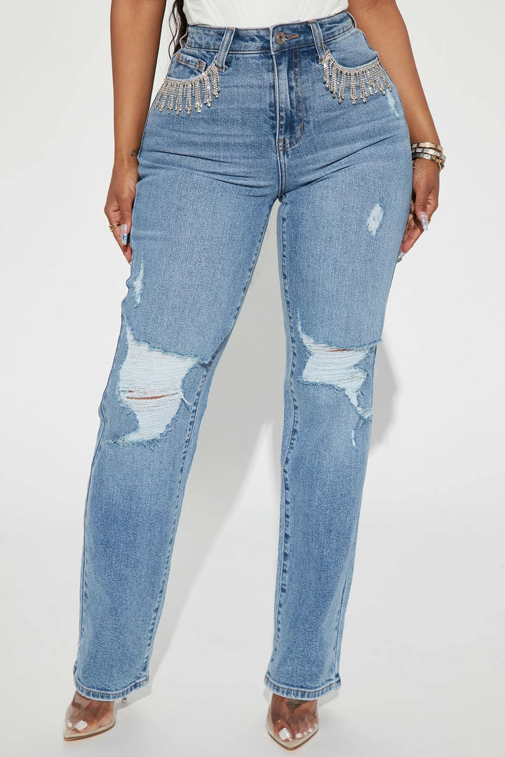 Fashion Nova Western Bling Straight Leg Jeans - Light Blue Wash Matching Separates