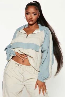 Fashion Nova Act Chill Windbreaker Pant Set - Cream/combo Wide Leg Sets