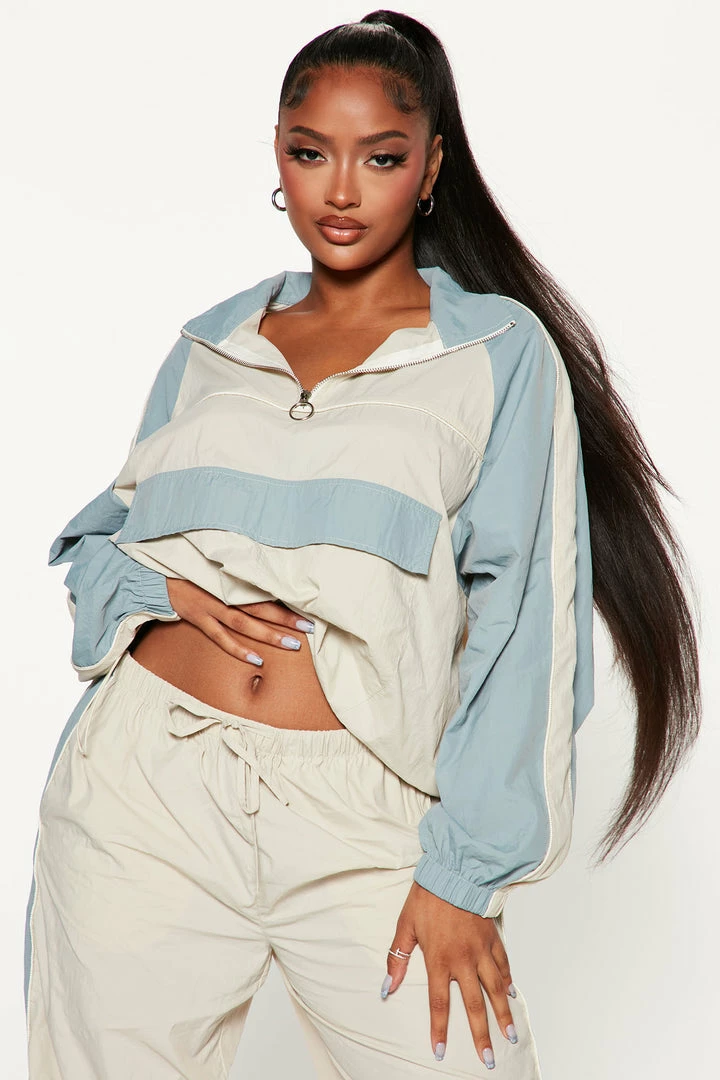 Fashion Nova Act Chill Windbreaker Pant Set - Cream/combo Wide Leg Sets