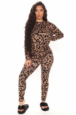 Fashion Nova Chelsea Leopard Long Sleeve Legging Set - Taupe/combo