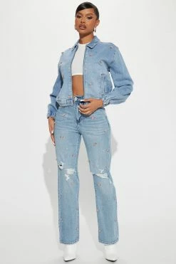 Fashion Nova Rosette Straight Leg Jeans - Light Wash