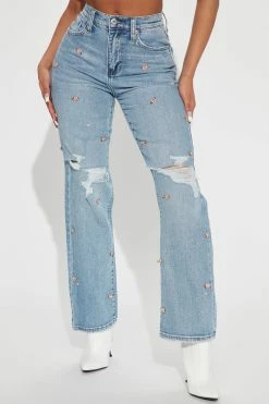 Fashion Nova Rosette Straight Leg Jeans - Light Wash