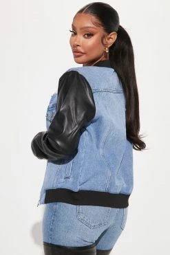 Fashion Nova Get Real Faux Leather Denim Bomber Jacket - Medium Blue Wash