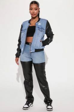 Fashion Nova Get Real Faux Leather Denim Bomber Jacket - Medium Blue Wash